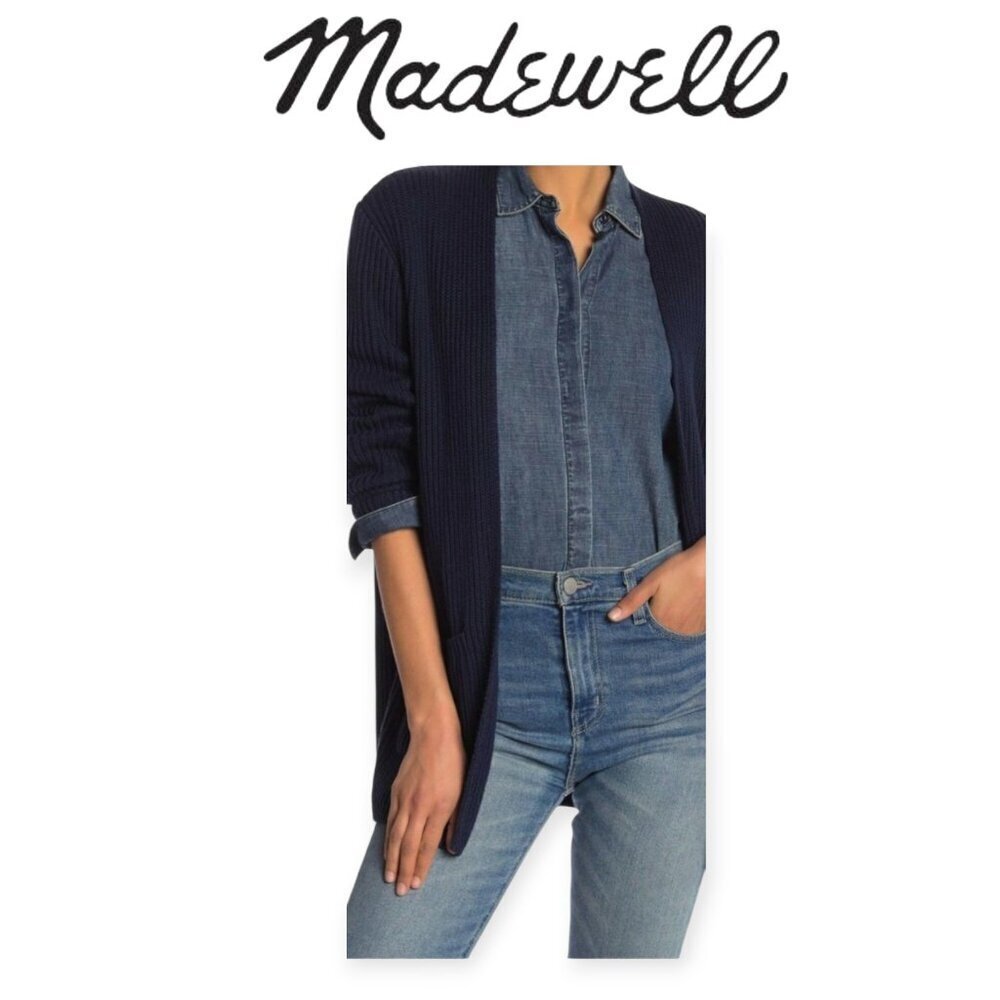 Madewell Nolan Ribbed Cotton Cardigan Navy Blue Open Front Size S Cozy Classic